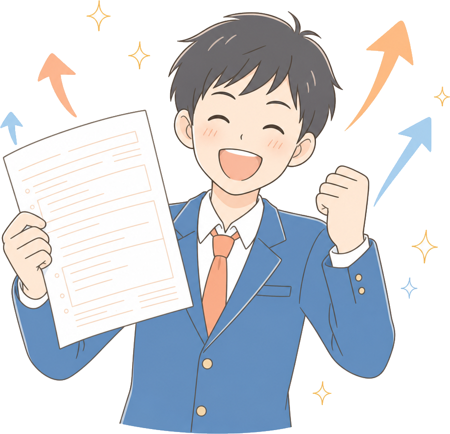 定期テストの点数が上がって喜ぶ生徒のイラスト